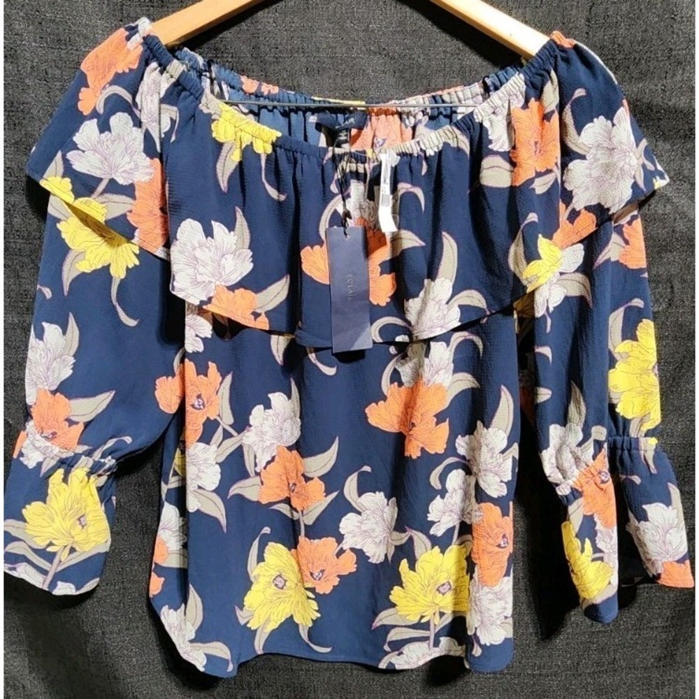 NWT ECLAIR Floral Blue‎ Off Shoulder Flowy Women Sz M Floral Ruffle Boho Summer